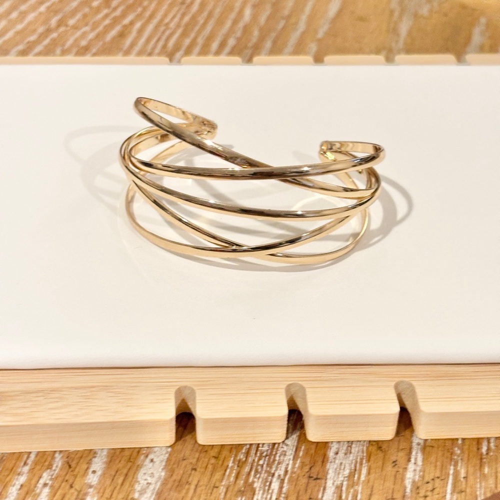 Gold Multi Layer Cuff Bracelet Criss Cross Adjustable Open Bangle Statement